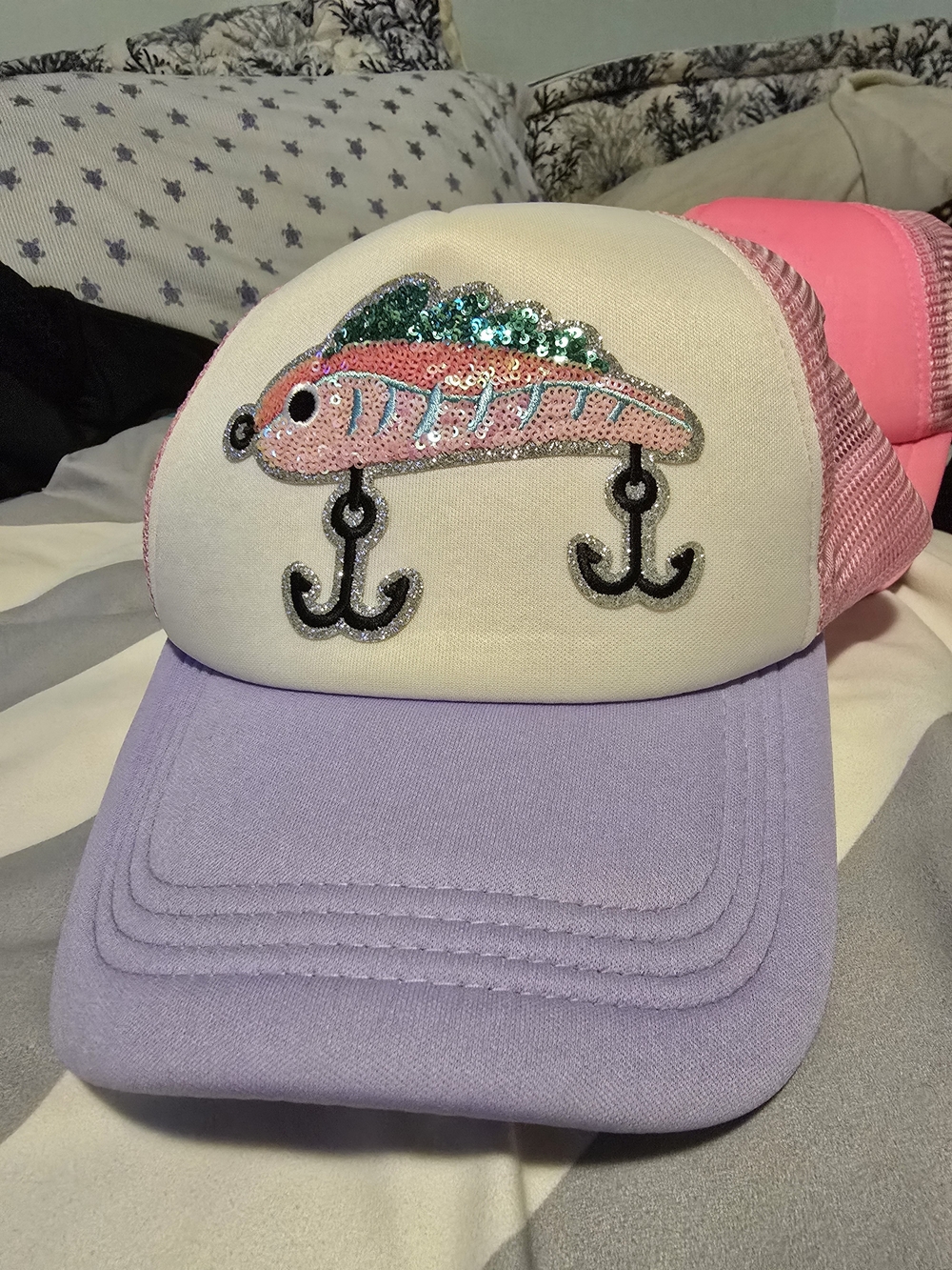 Womens Pink & Lavender Sequin Fish Trucker Hat